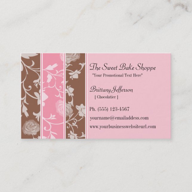 Carte De Visite Boulangerie rose de bonbon à roses de chocolat (Devant)