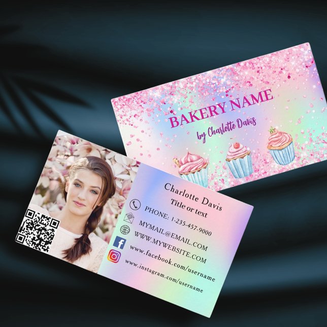 Carte De Visite Boulangerie rose violet photo médias sociaux code  (Créateur téléchargé)