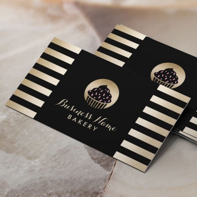 Carte De Visite Boulangerie Sweet Cupcake Moderne Black & Gold Str (Créateur téléchargé)