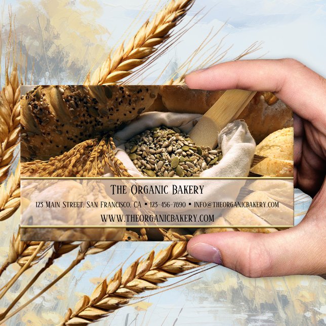 Carte De Visite Boulangerie traditionnelle de pain biologique (Business card featuring an image of breads and grains. Beautiful for a bread or organic bakery)