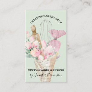 Carte De Visite Boulangerie Verte Chef pâtisserie Fleurs roses Boh