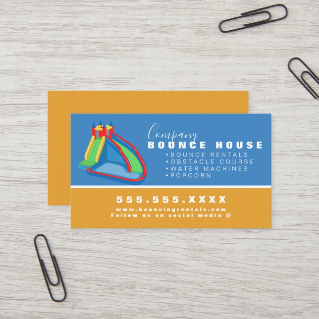 Carte De Visite Bounce House Logo de la fête Location Jaune Bleu (Devant/Arrière en situation)