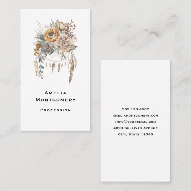 Carte De Visite Bouquet de fleurs Boho et Dreamcatcher (Devant / Derrière)