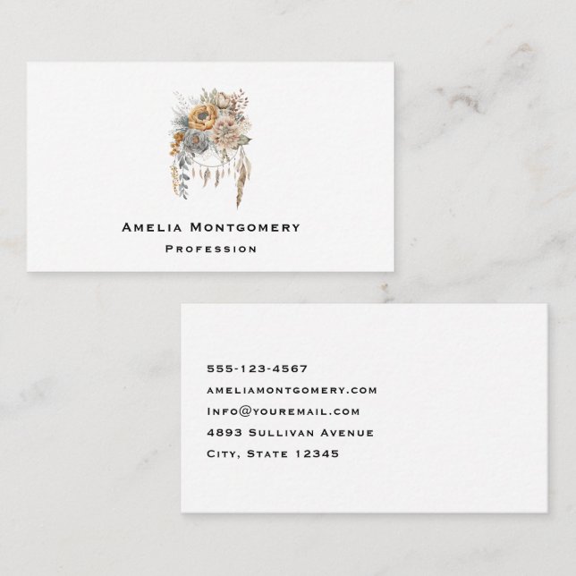 Carte De Visite Bouquet de fleurs Boho et Dreamcatcher (Devant / Derrière)