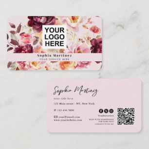 Carte De Visite Bouquet Floral à l'aquarelle Burgundy & Logo Code