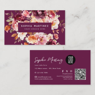 Carte De Visite Bouquet Floral Aquarelle Bourgogne & Logo Code QR