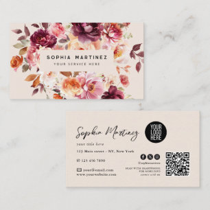 Carte De Visite Bouquet Floral Aquarelle Bourgogne & Logo Code QR