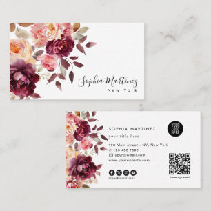 Carte De Visite Bouquet Floral Aquarelle Bourgogne & Logo Code QR