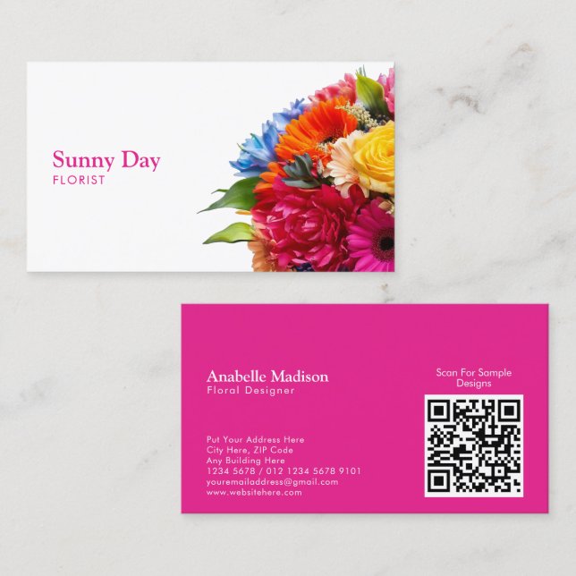Carte De Visite Bouquet floral coloré fleuri avec code QR (Devant / Derrière)