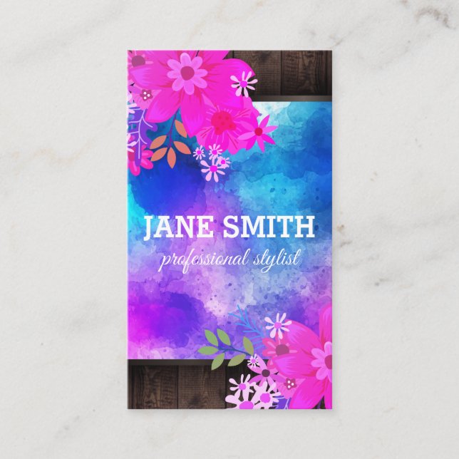 Carte De Visite Bouquet Floral Purple Aquarelle Bois Rustique (Devant)