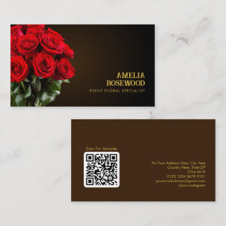 Carte De Visite Bouquet Roses rouges sur Classy Dark Brown QR Code