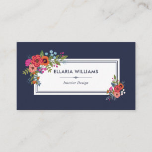 Carte De Visite Bouquets floraux Boho - bleu marine et blanc
