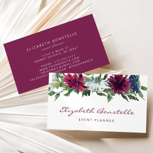 Carte De Visite Bourgogne Bleu Nuit Floral Aquarelle
