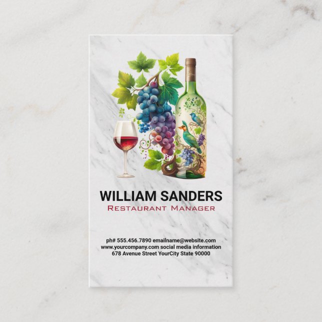 Carte De Visite Bouteille de vin artistique et raisins de verre (Devant)