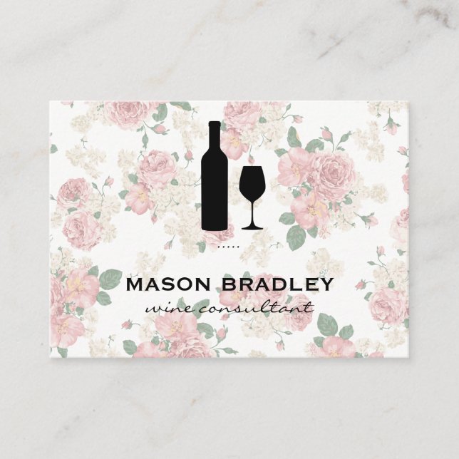 Carte De Visite Bouteille de vin et verre Élégant motif floral (Devant)