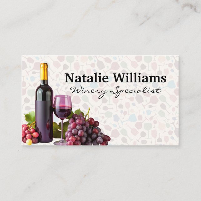 Carte De Visite Bouteille de vin, verre et raisins (Devant)