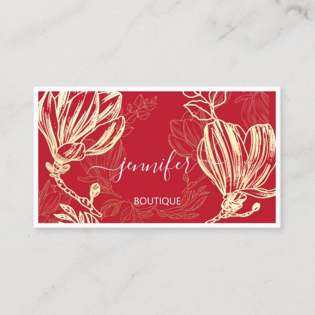 Carte De Visite Boutique Boutique Rouge or Fleur encadrée QR Logo (Devant)