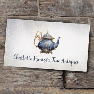 Carte De Visite Boutique d'antiquités, théière vintage, or et bleu