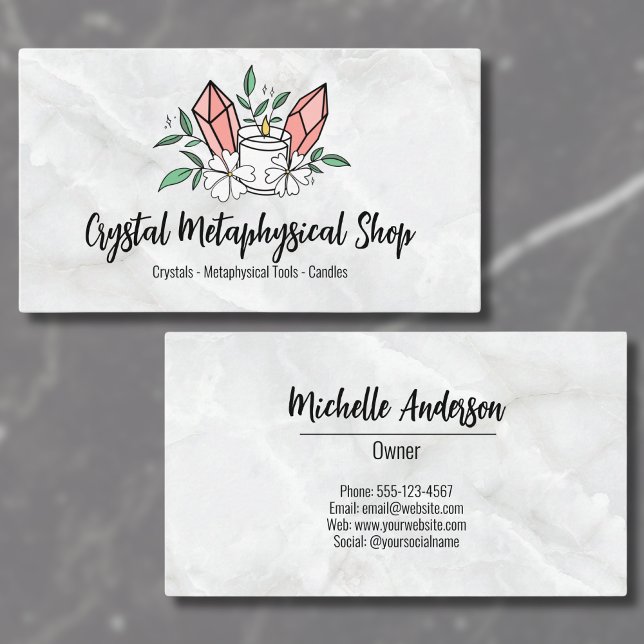 Carte De Visite Boutique de cristal de bougie de fleurs Métaphysiq (Cute Flowers Candle Pink Crystal Metaphysical Shop Business Card)