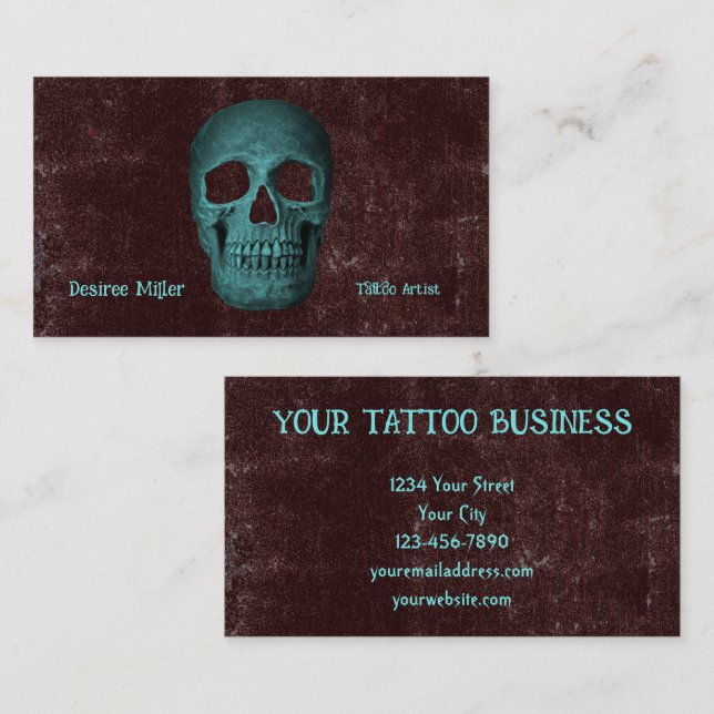 Carte De Visite Boutique de tatouage gothique Turquoise de crâne B (Devant / Derrière)