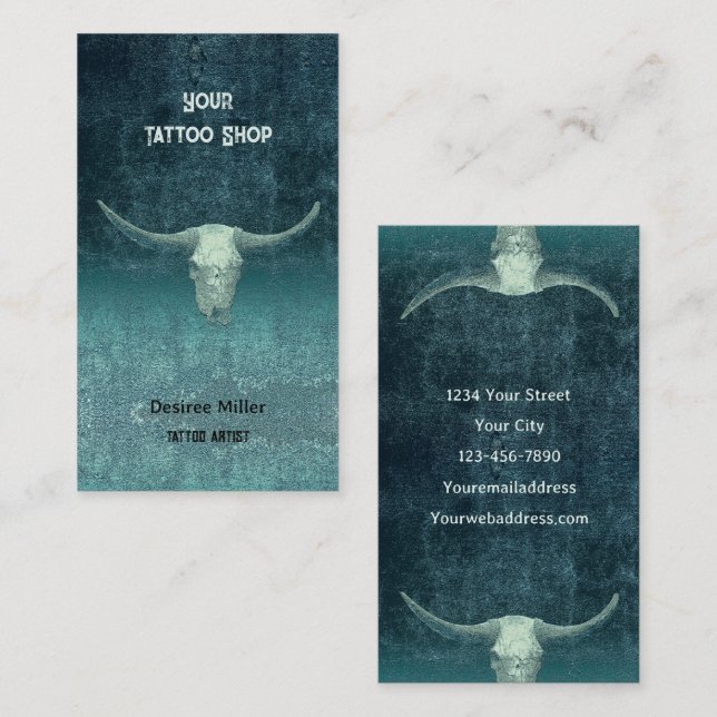 Carte De Visite Boutique de tatouage Turquoise Rodéo Taureau rusti (Devant / Derrière)
