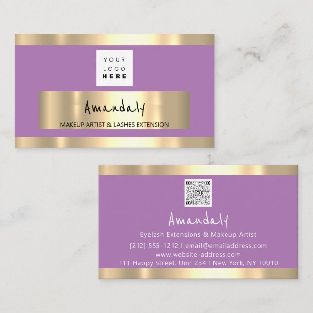 Carte De Visite Boutique d'or QR CODE Logo violet (Devant / Derrière)