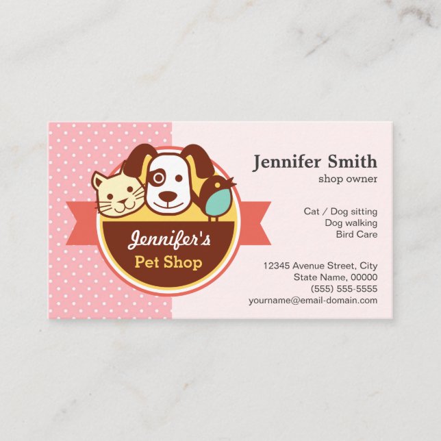 Carte De Visite Boutique pour animaux - Pois roses (Devant)
