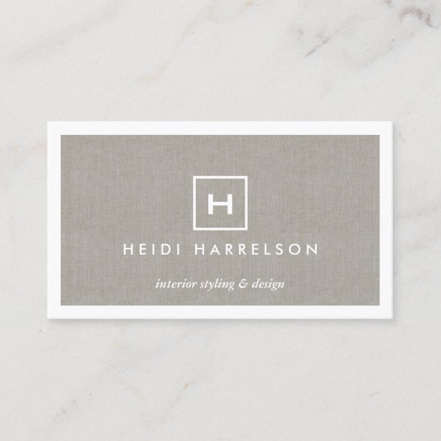 Carte De Visite BOX LOGO avec VOTRE INITIAL/MONOGRAM sur KHAKI LIN (Devant)