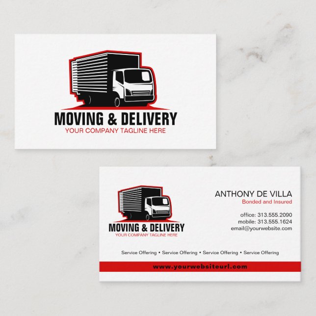 Carte De Visite Box Truck Moving & Delivery Service Haul Company (Devant / Derrière)