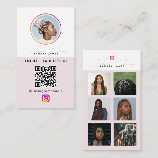 Carte De Visite Braid Hair 6 Photo Feed Grid Social Media QR Code (Devant / Derrière)