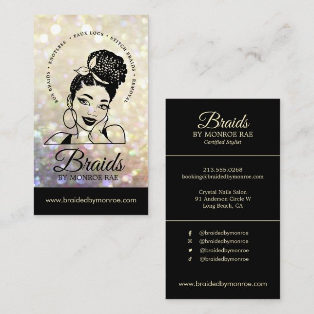 Carte De Visite Braider/Braids/Braids/Braiding/Salon - Gold Bokeh  (Devant / Derrière)