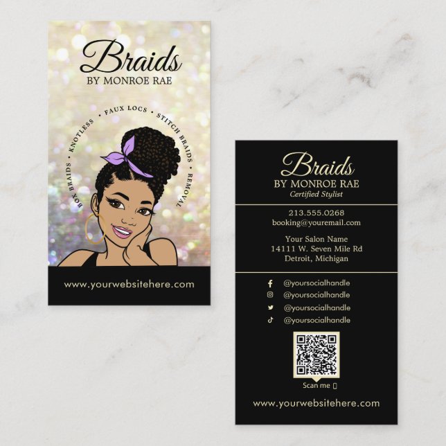 Carte De Visite Braider/Braids/Braids/Braiding/Salon - QR Code Bus (Devant / Derrière)