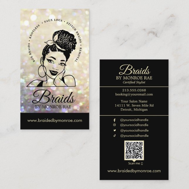 Carte De Visite Braider/Braids/Braids/Braiers/Salon - Code QR (Devant / Derrière)