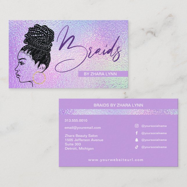 Carte De Visite Braider cheveux Braiding Stylist Salon Holographiq (Devant / Derrière)
