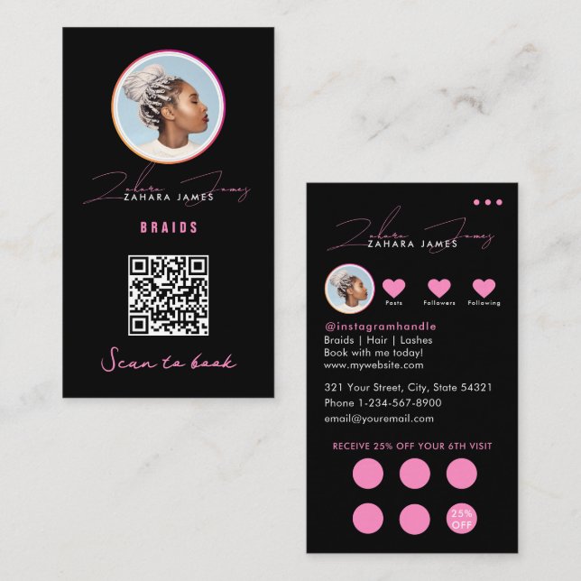 Carte De Visite Braids Hair Discount Loyalty QR Code Black Pink (Devant / Derrière)