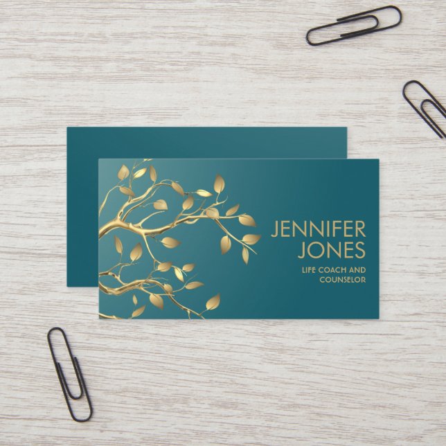 Carte De Visite Branche Arbre d'or sur Turquoise (Devant/Arrière en situation)