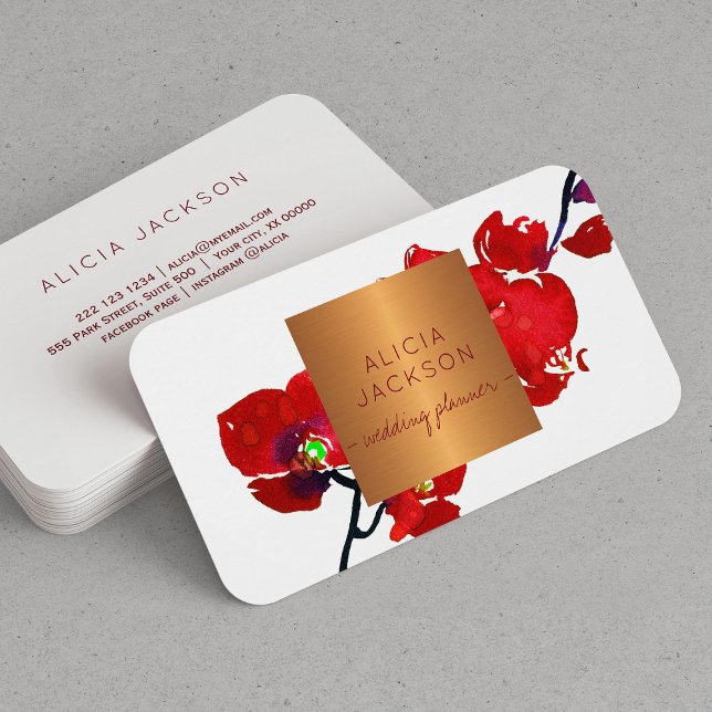Carte De Visite Branche florale rouge glam cuivre chic wedding pla (With ROUNDED CORNERS option)