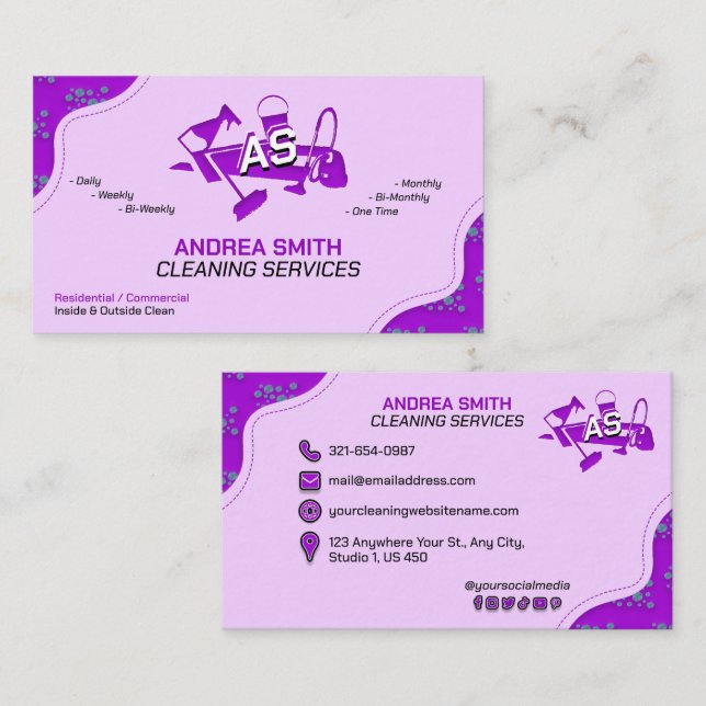Carte De Visite Bright Girly Purple CleanServices Logo Cute (Devant / Derrière)