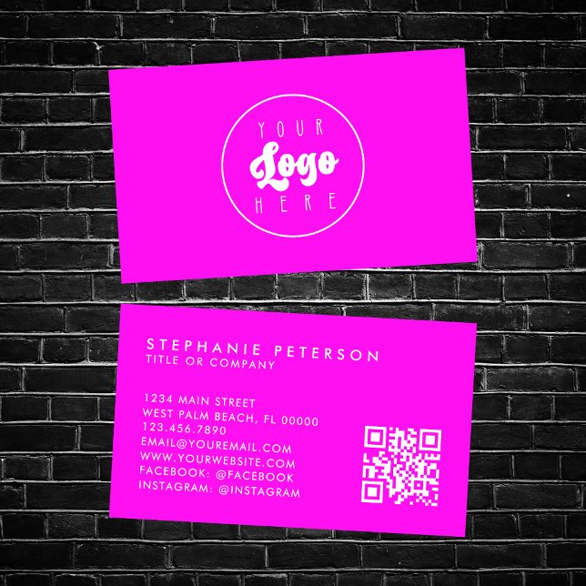 Carte De Visite Bright Neon Rose Custom Company Logo QR Code (Créateur téléchargé)