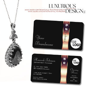 Carte De Visite Bright Rose Gold Deco sur noir avec logo Diamonds