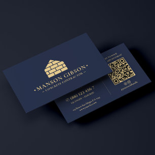 Carte De Visite Brique Maçon Concrete Contractor Logo QR Navy Fonc