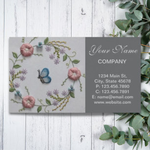 Carte De Visite Broderie rose menthe bleu floral papillon