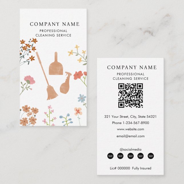 Carte De Visite Broom Dustpan Floral Professional Cleaning Service (Devant / Derrière)