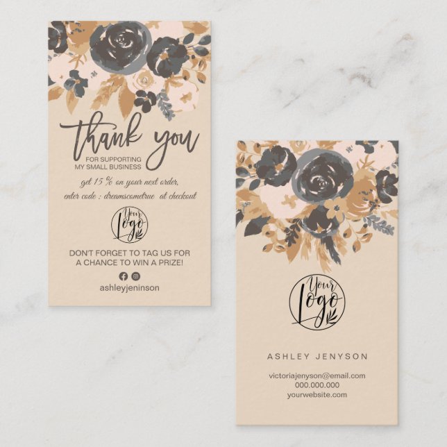 Carte De Visite brosse boho floral script logo commander merci (Devant / Derrière)