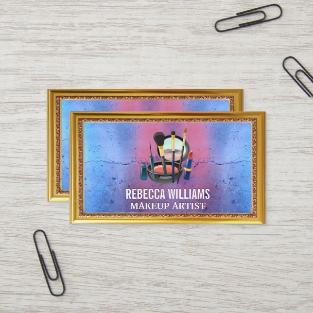 Carte De Visite Brosses de maquillage et outils Compact | Cadre Or (Devant/Arrière en situation)
