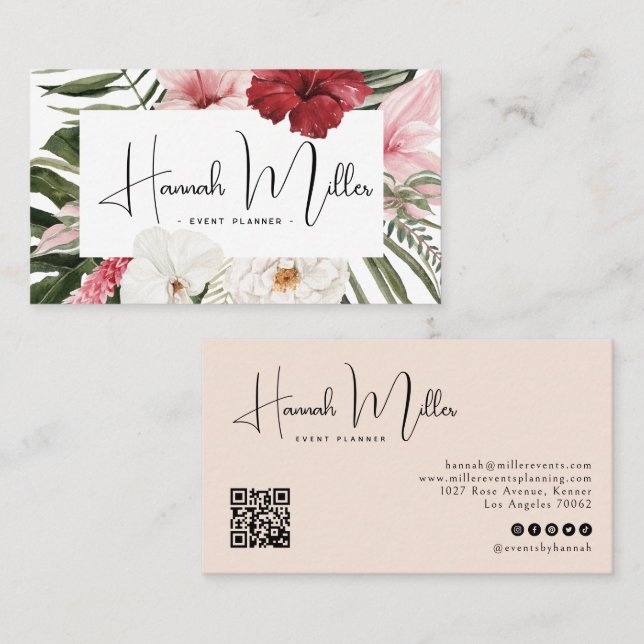 Carte De Visite Brouiller | Tropical Floral Palms QR Code (Devant / Derrière)