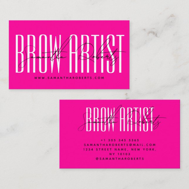 Carte De Visite Brow artist modern typography script neon pink (Devant / Derrière)