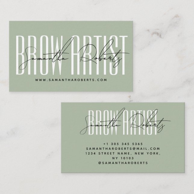 Carte De Visite Brow artist modern typography script sage green (Devant / Derrière)