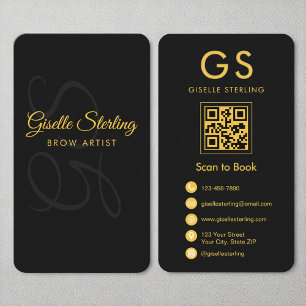 Carte De Visite Brow Artist Monogramme Black Gold QR Code Beauté
