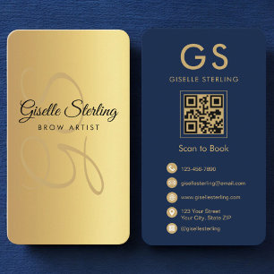 Carte De Visite Brow Artiste Gold Marine Blue QR Code Monogramme